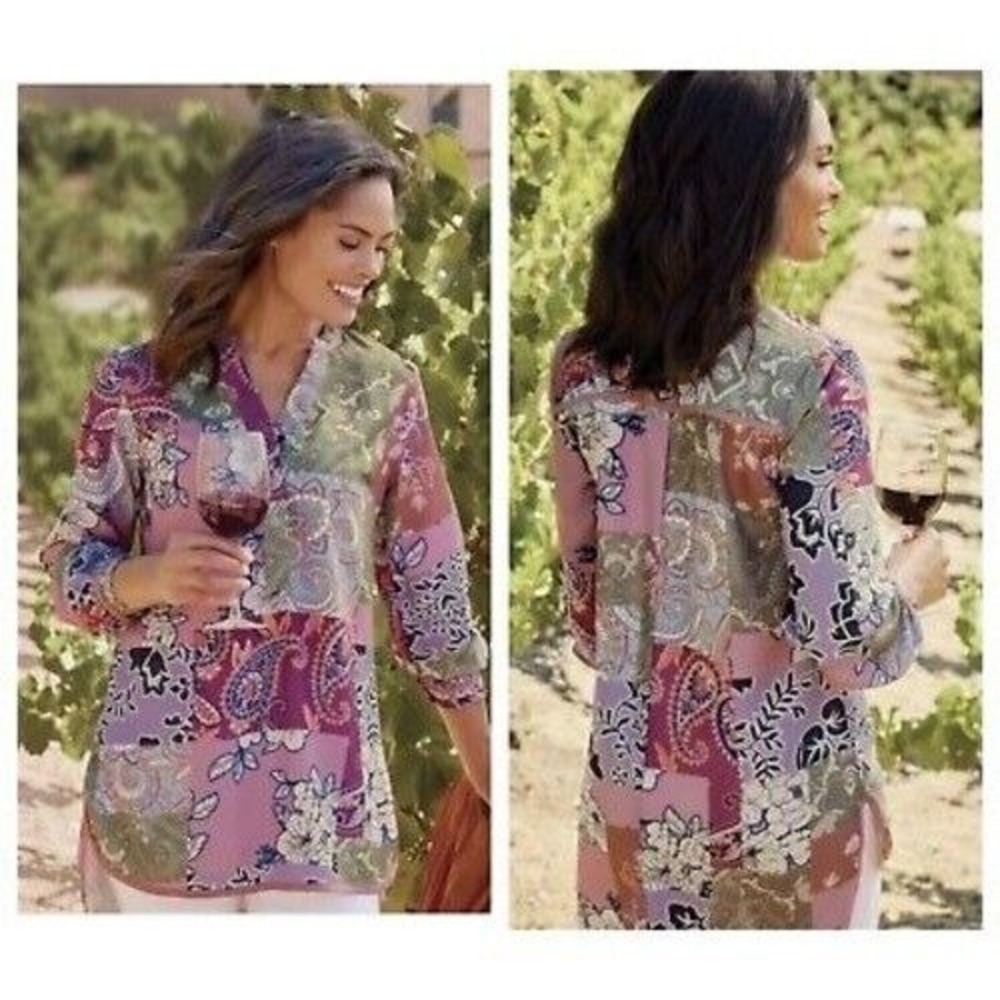 Soft Surroundings Alvadore Fleur Floral‎ Garden Paisley Patchwork Tunic Top XL
